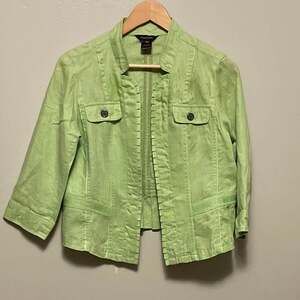 Multiples Women's Lime Green 100% Linen Jacket Ribbon Trim Pleats